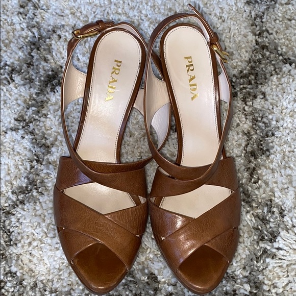 Prada Platform Tan Criss Cross Slingbacks! Mint! - Picture 2 of 9